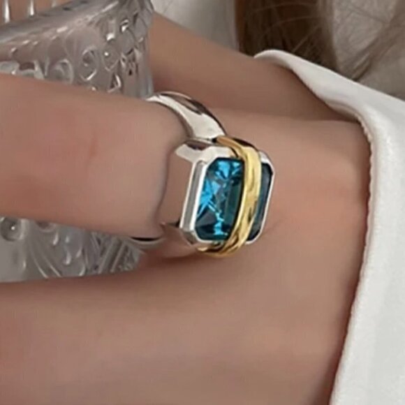 TWO RING SET Adjustable Silver Tone Faux Blue Zircon and Wrap Rings (#1367) - Picture 10 of 16